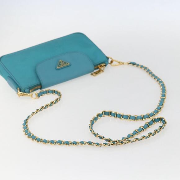 PRADA Chain Shoulder Bag Nylon Turquoise Blue Gold Auth 156453V - Picture 7 of 16